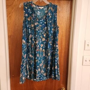 Umgee Women's Teal Blue Floral Swing Tunic Dress Keyhole Long Sleeve Small BOHO